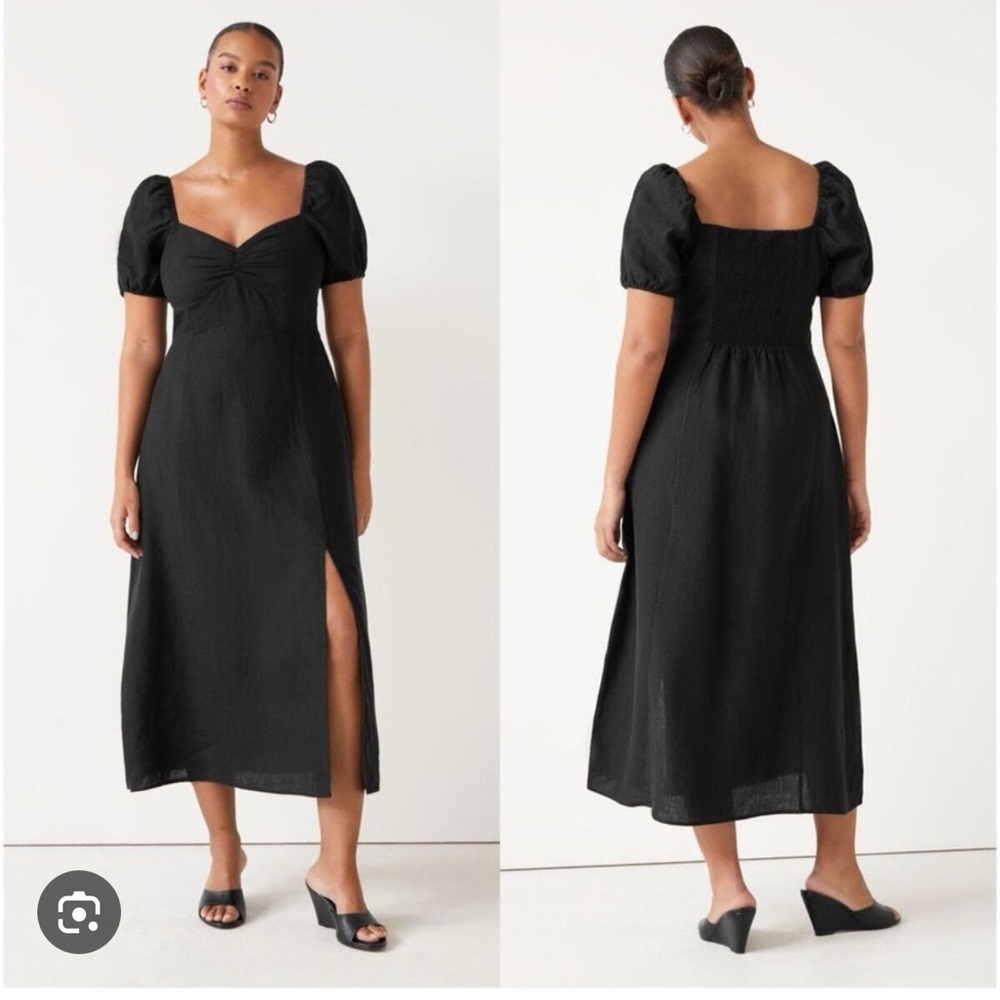 & Other Stories Linen MIDI Dress Black Puff Sleeve Sz 4